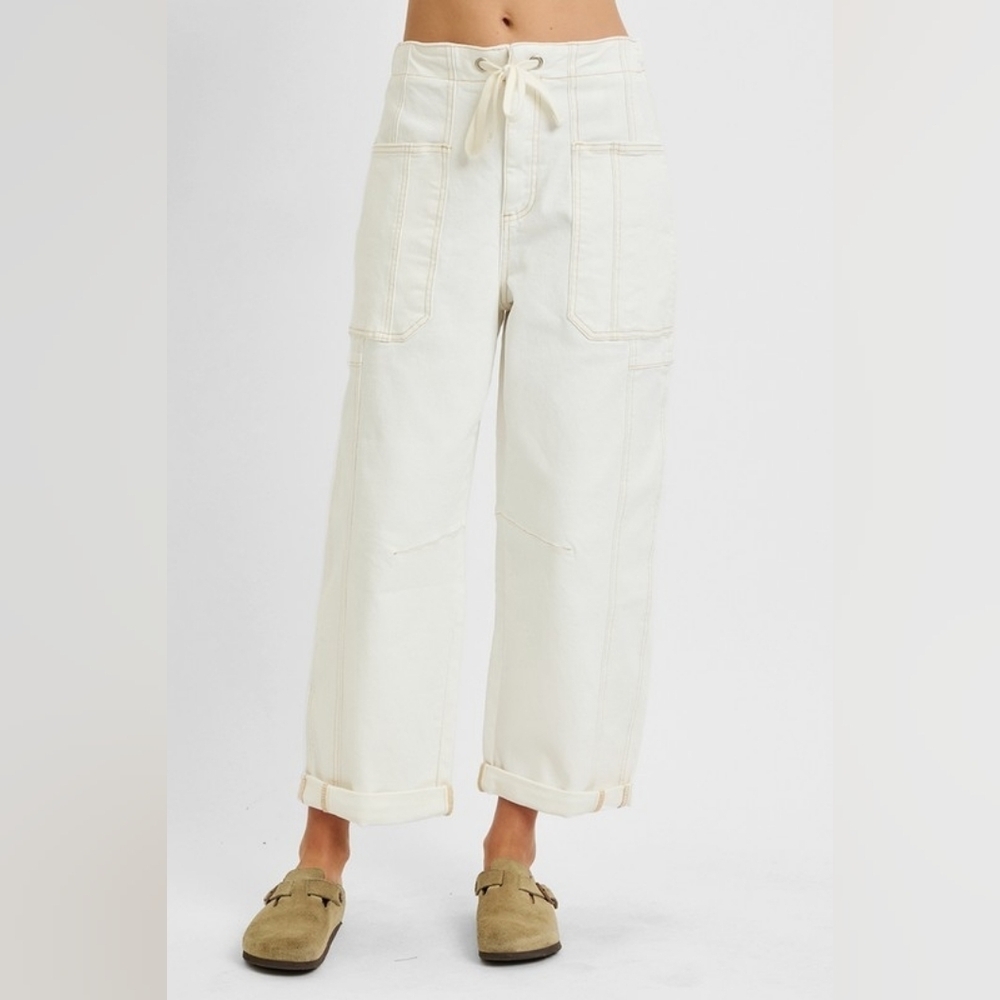 Risen HR Wide Barrel Jeans Cream Cuffed Ankle Cargo Patch Pocket Various NEW - Picture 3 of 6